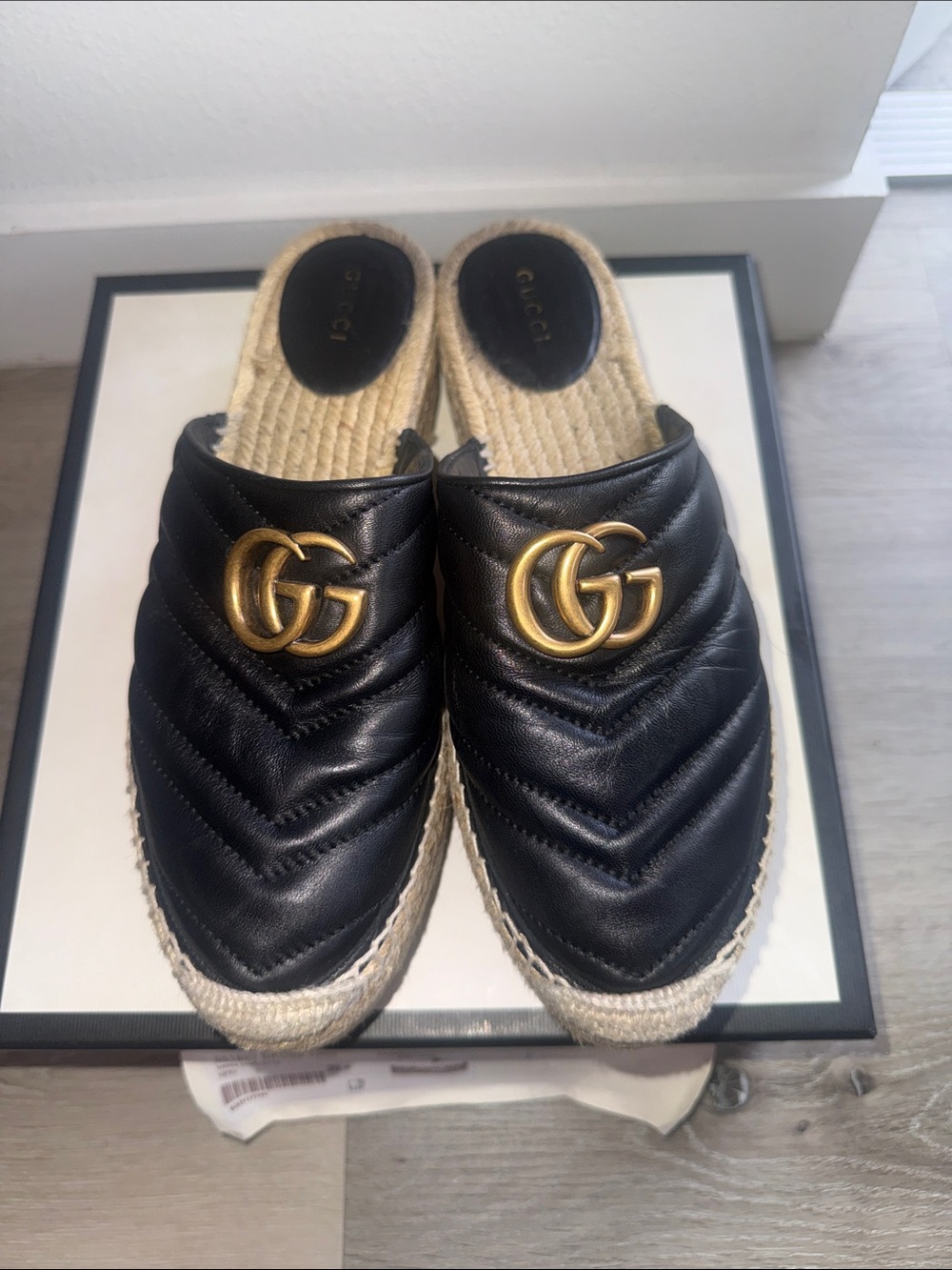 Black Quilted Gucci Leather Espadrille Platform Mules with Gold Hardware - Picture 2 of 6